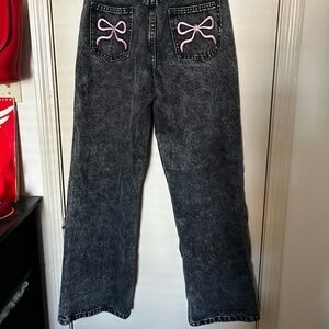 Black Distressed Baggy Jeans with Pink Bows